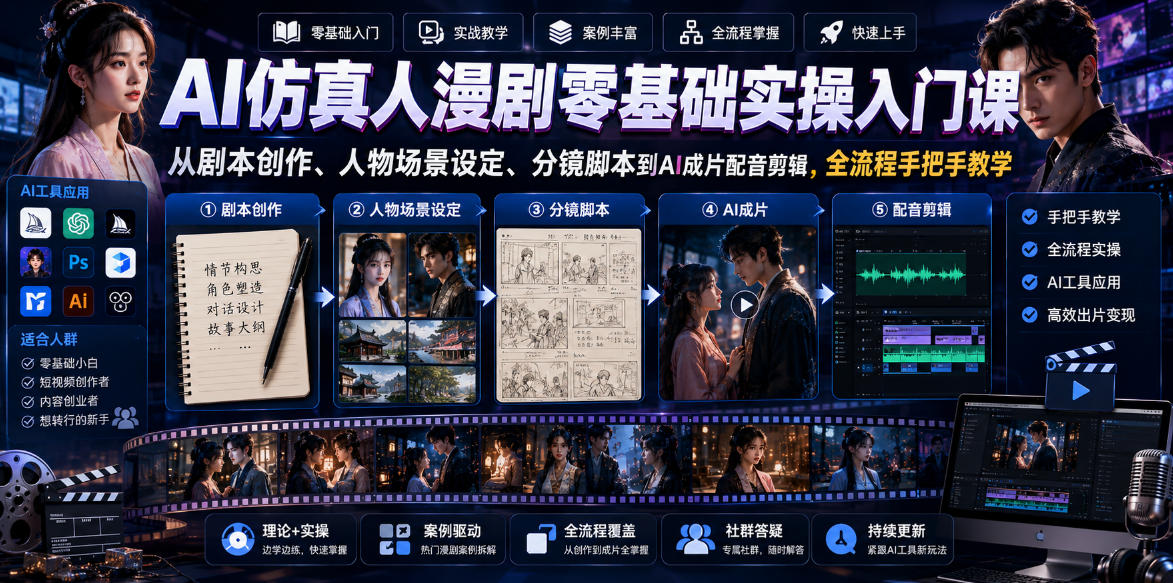 AI仿真人漫剧零基础实操入门课，从剧本创作、人物场景设定、分镜脚本到AI成片配音剪辑，全流程手把手教学-瀚洪创业网