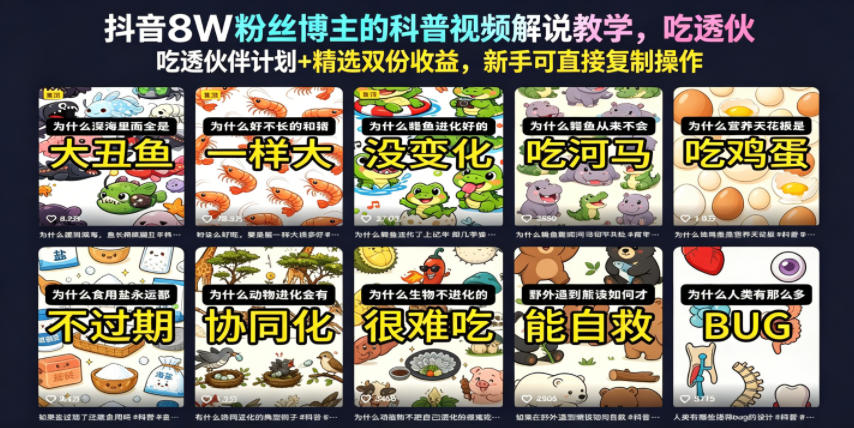 抖音8W粉丝博主的科普视频解说教学，吃透伙伴计划+精选双份收益，新手可直接复制操作-瀚洪创业网