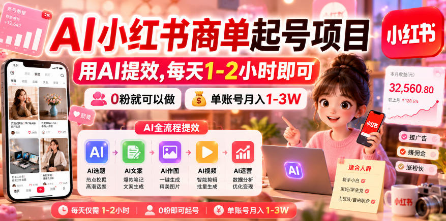 AI小红书商单起号项目，用AI提效,每天1-2小时即可，0粉就可以做，单账号月入1-3W-瀚洪创业网