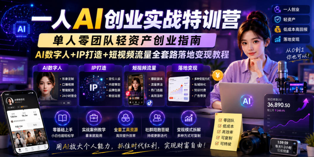 一人AI创业实战特训营，单人零团队轻资产创业指南，AI数字人+IP打造+短视频流量全套路落地变现教程-瀚洪创业网