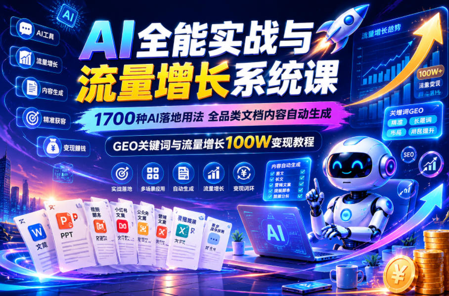 AI全能实战与流量增长系统课，1700种AI落地用法，全品类文档内容自动生成，GEO关键词与流量增长100W变现教程-瀚洪创业网