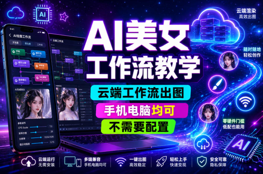 AI美女工作流教学，云端工作流出图，手机电脑均可，不需要配置，快速起号涨粉-瀚洪创业网
