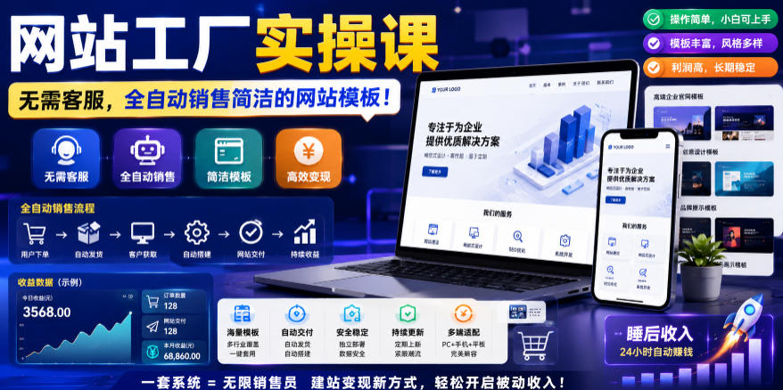 网站工厂实操课，无需客服，网站模板自动赚钱！【原创双语字幕】-瀚洪创业网