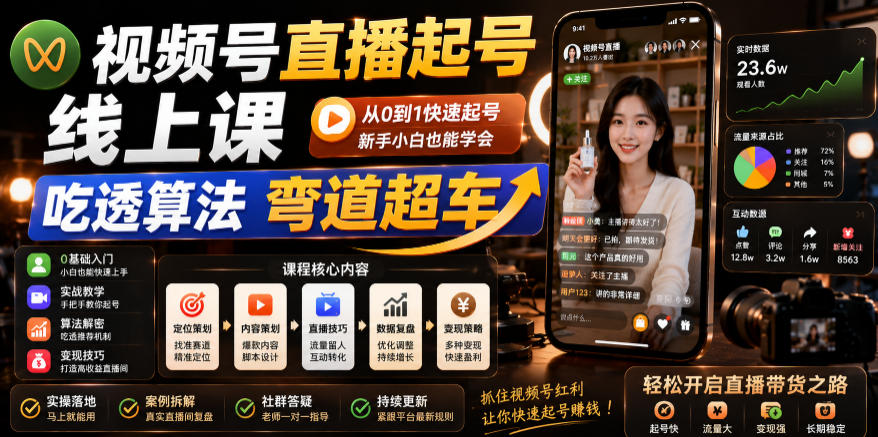 视频号直播起号线上课，吃透算法弯道超车(2026年6月)-瀚洪创业网