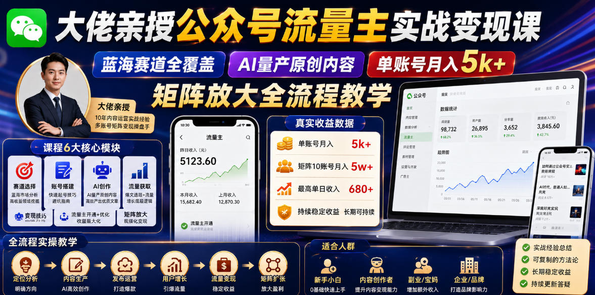 大佬亲授公众号流量主实战变现课，蓝海赛道全覆盖，AI量产原创内容，单账号月入5k+矩阵放大全流程教学-瀚洪创业网