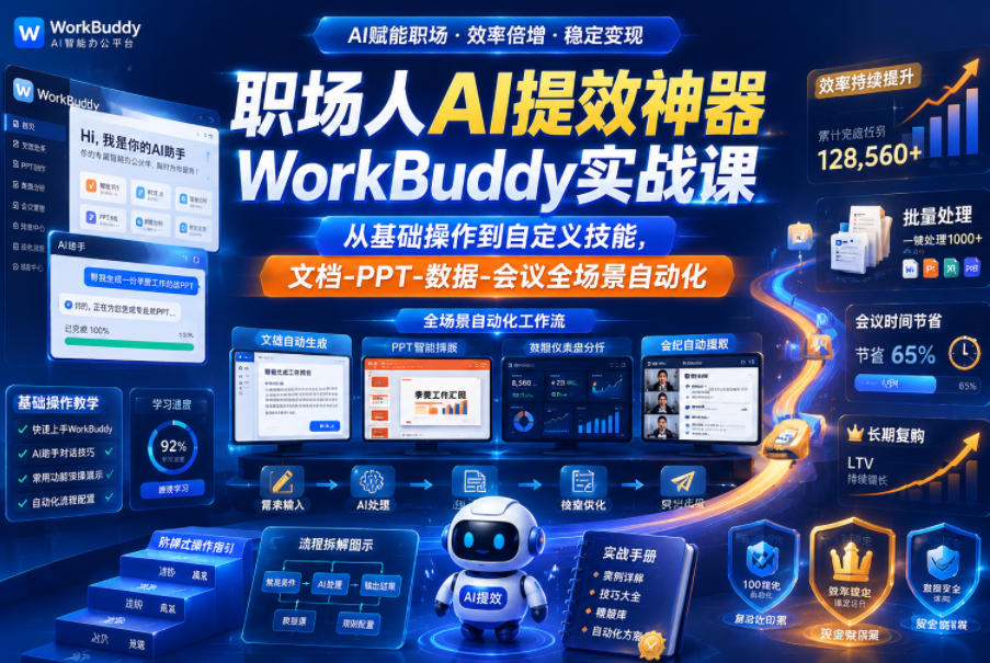 职场人AI提效神器WorkBuddy实战课，从基础操作到自定义技能，文档-PPT-数据-会议全场景自动化-瀚洪创业网