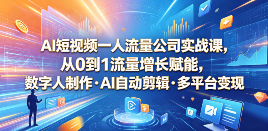 AI短视频一人流量公司实战课，从0到1流量增长赋能，数字人制作・AI自动剪辑・多平台变现，一人做流量生意全落地教程-瀚洪创业网
