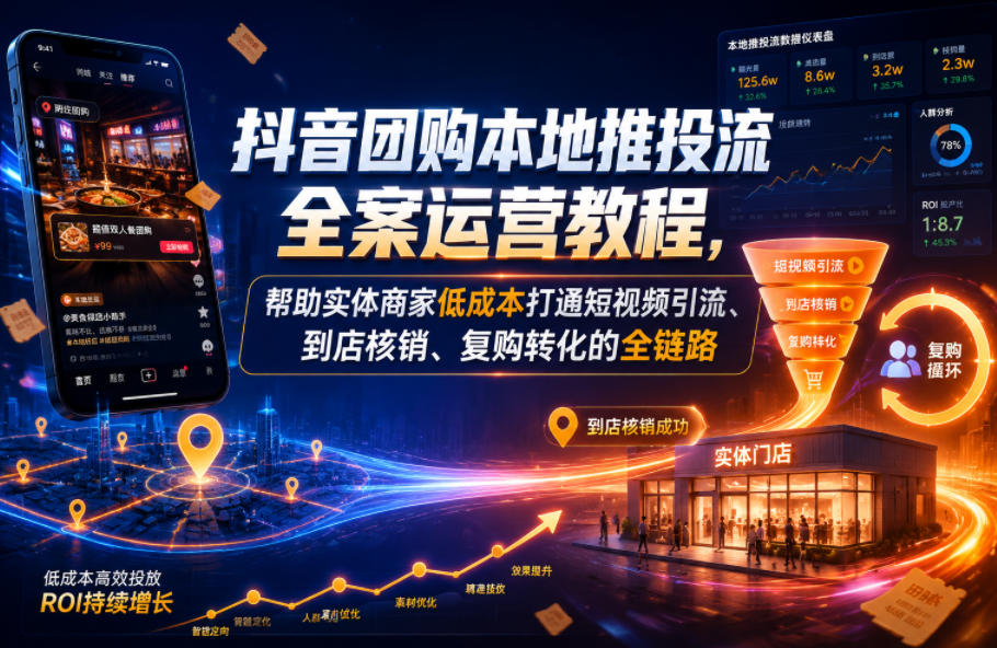 抖音团购本地推投流全案运营教程，帮助实体商家低成本打通短视频引流、到店核销、复购转化的全链路-瀚洪创业网