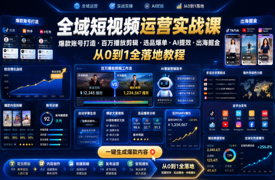 全域短视频运营实战课，爆款账号打造・百万播放剪辑・选品爆单・AI提效・出海掘金，从0到1全落地教程-瀚洪创业网