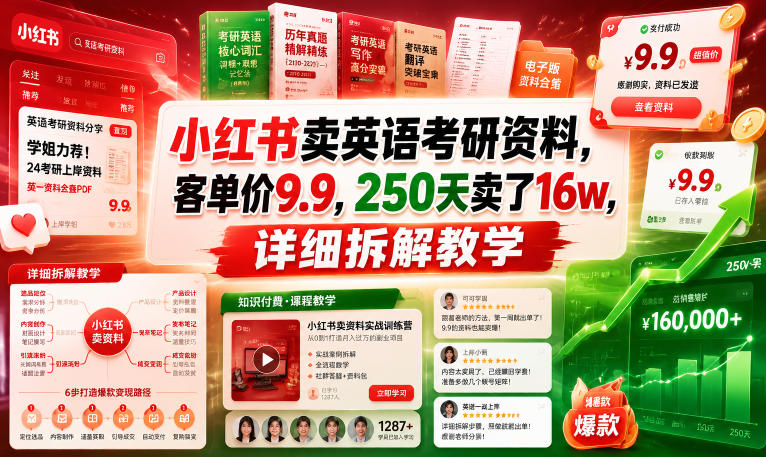 小红书卖英语考研资料，客单价9.9，250天卖了16w，详细拆解教学-瀚洪创业网