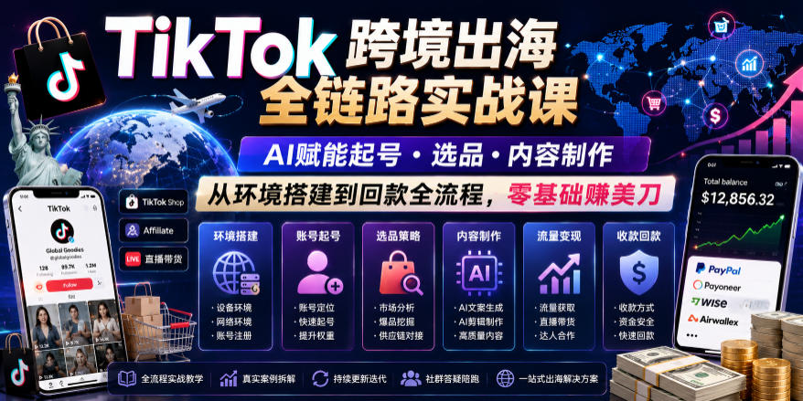 TikTok跨境出海全链路实战课，AI赋能起号・选品・内容制作，从环境搭建到回款全流程，零基础賺美刀-瀚洪创业网