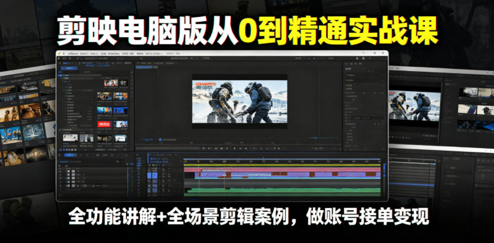剪映电脑版从0到精通实战课，全功能讲解+全场景剪辑案例，做账号接单变现-瀚洪创业网