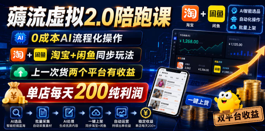 薅流虚拟2.0陪跑课，0成本AI流程化操作，淘宝+闲鱼同步玩法，上一次货两个平台有收益，单店每天200纯利润-瀚洪创业网