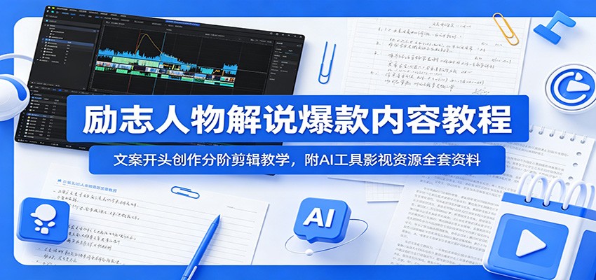 励志人物解说爆款内容教程：文案开头创作分阶剪辑教学，附AI 工具影视资源全套资料-瀚洪创业网