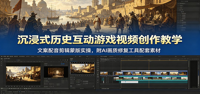 沉浸式历史互动游戏视频创作教学：文案配音剪辑蒙版实操，附AI画质修复工具配套素材-瀚洪创业网
