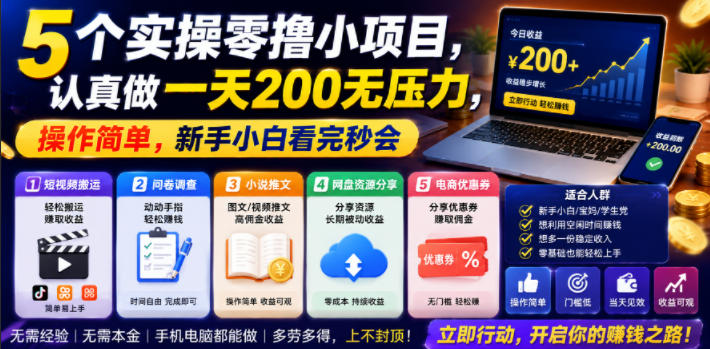 5个实操零撸小项目，认真做一天200无压力，操作简单，新手小白看完秒会【揭秘】-瀚洪创业网