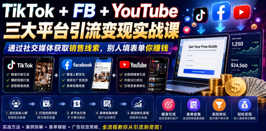 TikTok+FB+YouTube三大平台引流变现实战课，通过社交媒体获取销售线索，别人填表单你賺钱【原创双语字幕】-瀚洪创业网