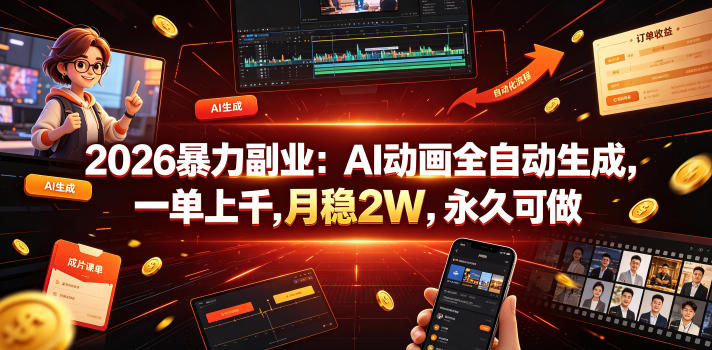 2026暴力副业：AI动画全自动生成，一单上千，月稳2W，永久可做【揭秘】-瀚洪创业网