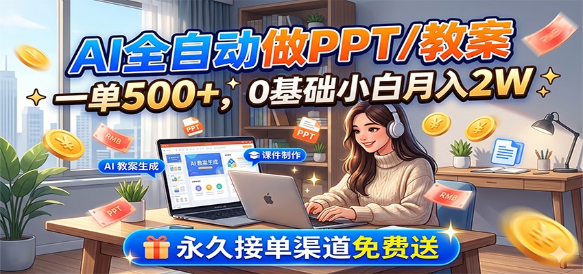 AI全自动做PPT/教案，一单500+，0基础小白月入2W，永久接单渠道免费送-瀚洪创业网