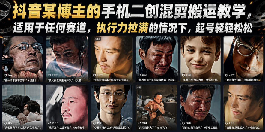 抖音某博主的手机二创混剪搬运教学，适用于任何赛道，执行力拉满的情况下，起号轻轻松松-瀚洪创业网