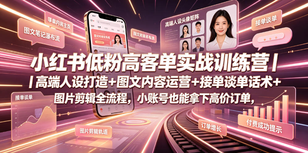 小红书低粉高客单实战训练营｜高端人设打造+图文内容运营+接单谈单话术+图片剪辑全流程，小账号也能拿下高价订单-瀚洪创业网