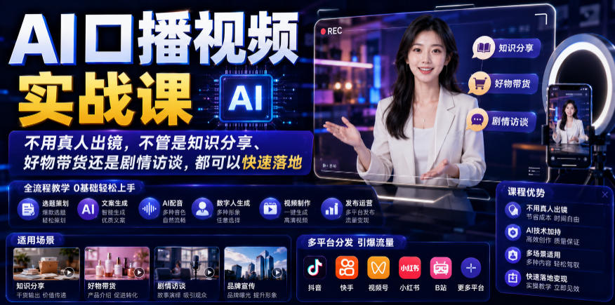 AI口播视频实战课，不用真人出镜，不管是知识分享、好物带货还是剧情访谈，都可以快速落地-瀚洪创业网