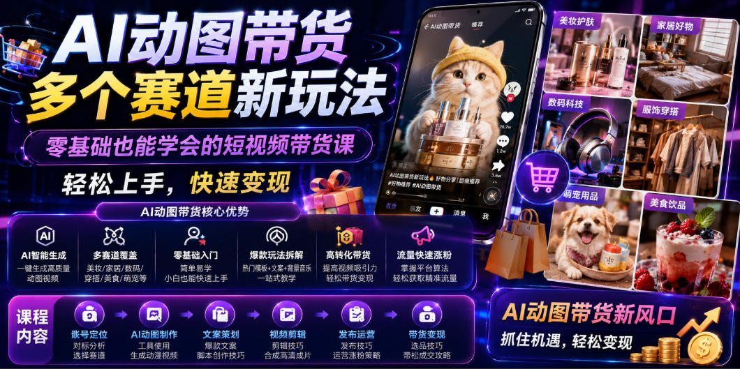 AI动图带货多个赛道新玩法，零基础也能学会的短视频带货课，轻松上手，快速变现-瀚洪创业网
