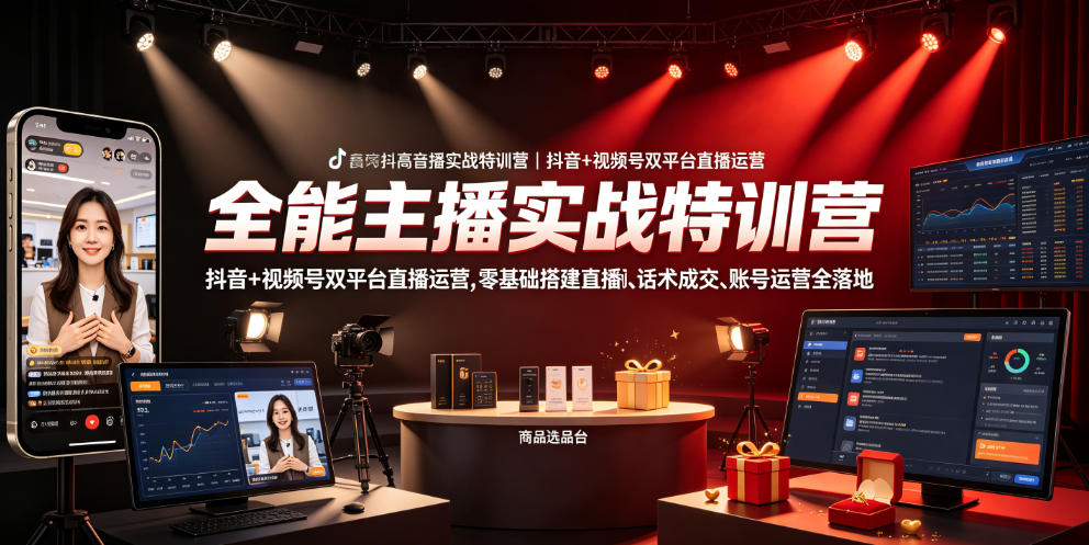 全能主播实战特训营｜抖音+视频号双平台直播运营，零基础搭建直播间、精准选品、话术成交、账号运营全落地-瀚洪创业网