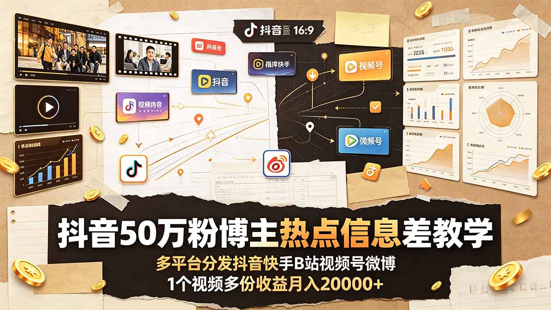 抖音50万粉博主热点信息差教学：多平台分发抖音快手B站视频号微博，1个视频多份收益月入20000+-瀚洪创业网