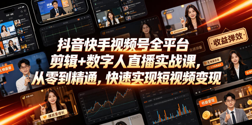 抖音快手视频号全平台剪辑+数字人直播实战课，从零到精通，快速实现短视频变现(更新2026年6月)​-瀚洪创业网