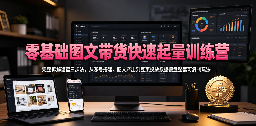 零基础图文带货快速起量训练营，完整拆解运营三步法，从账号搭建、图文产出到豆荚投放数据复盘整套可复制玩法-瀚洪创业网
